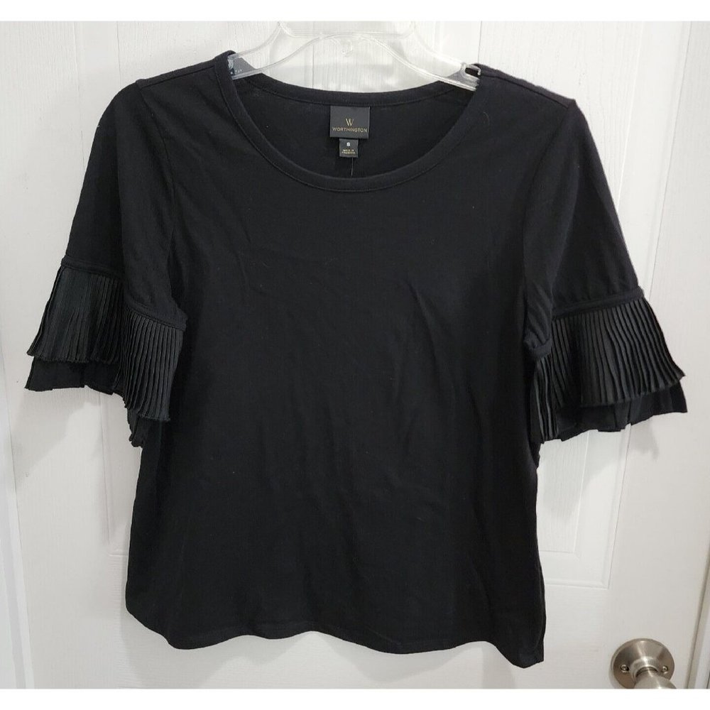 NWT Worthington Women's Ruffle Sleeve Tshirt Top Blouse Solid Black Size Small‎